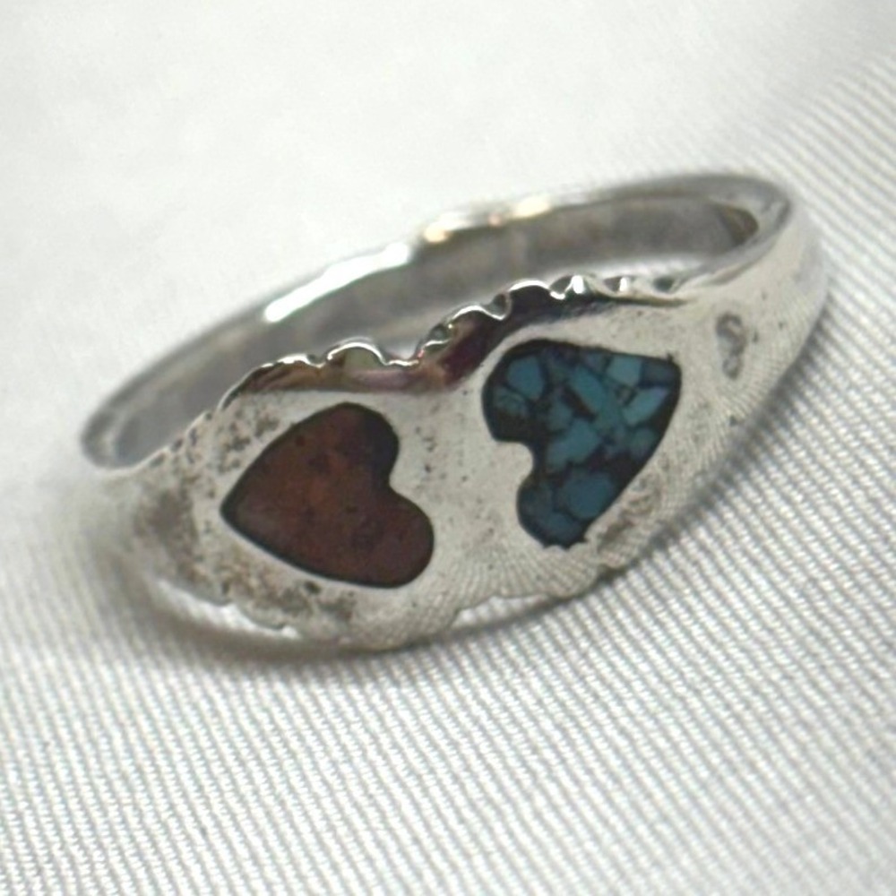 Unbranded Heart Inlay Ring Unisex 6.5 Silver Good Turquoise Coral Chip Vintage